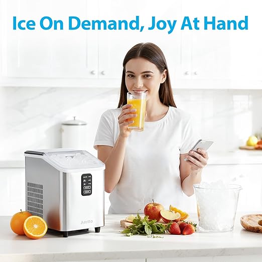 Aeitto Ice Maker Countertop 26lbs/24H, Ice Machine 8 Ice Cubes Ready in 6 Mins, 2 Sizes of Bullet Ice Portable Ice Makers with Basket & Scoop