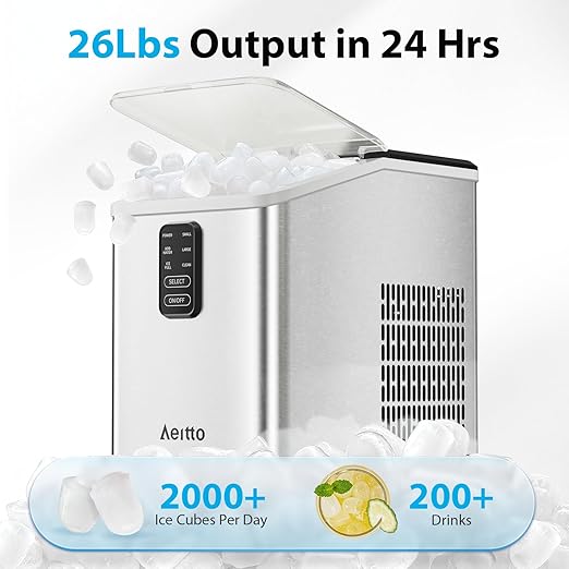 Aeitto Ice Maker Countertop 26lbs/24H, Ice Machine 8 Ice Cubes Ready in 6 Mins, 2 Sizes of Bullet Ice Portable Ice Makers with Basket & Scoop