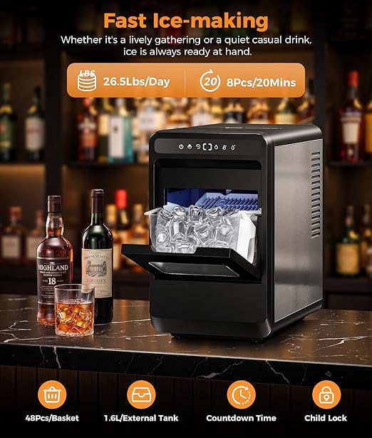 Clear Ice Cube Maker - 8 Crystal 1.2" Large Jelly Ice in 20Mins, 24H Timer, Full Bin &Water Shortage Alert, Self-Cleaning, with 10 Adjustable Ice Sizes