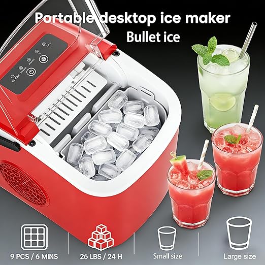 Countertop Ice Maker with Handle, Small Portable Self-Cleaning Ice Machine with Basket and Scoop, 26lbs/24H, 9 Ice Cubes in 6 Mins,