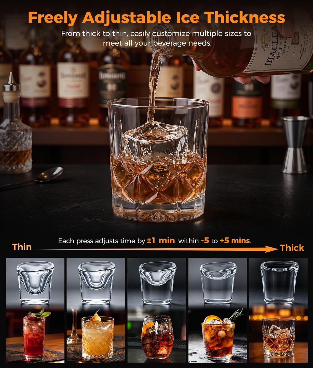 Clear Ice Cube Maker - 8 Crystal 1.2" Large Jelly Ice in 20Mins, 24H Timer, Full Bin &Water Shortage Alert, Self-Cleaning, with 10 Adjustable Ice Sizes