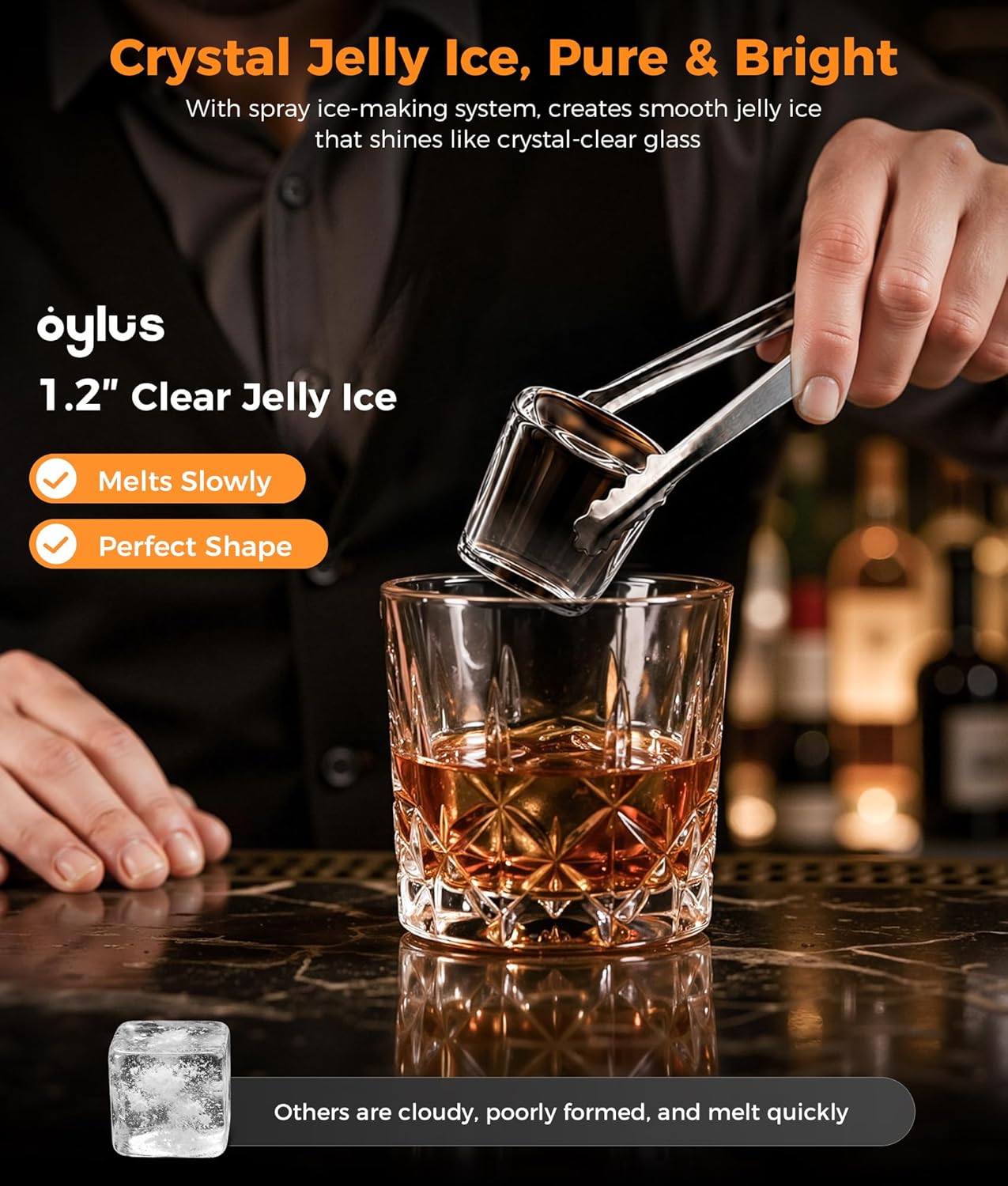 Clear Ice Cube Maker - 8 Crystal 1.2" Large Jelly Ice in 20Mins, 24H Timer, Full Bin &Water Shortage Alert, Self-Cleaning, with 10 Adjustable Ice Sizes